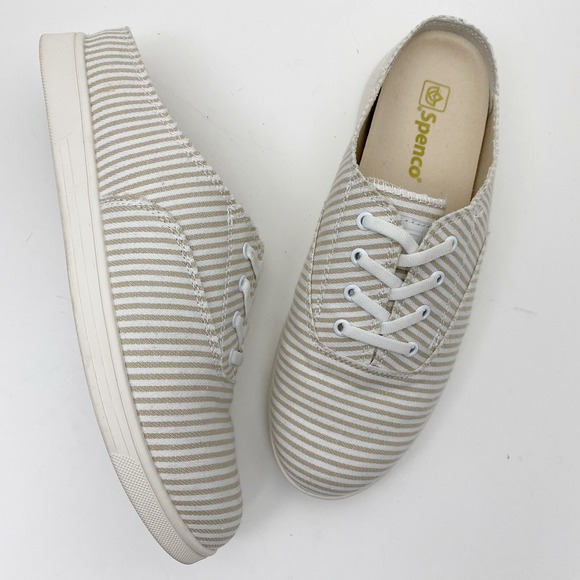 Spenco Khaki White Stripe Canvas Sneaker Mules Womens Size 10D - Picture 1 of 7